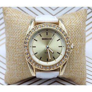 Gold Tone Manhattan Quartz Women's Watch White Genuine Leather Crystals